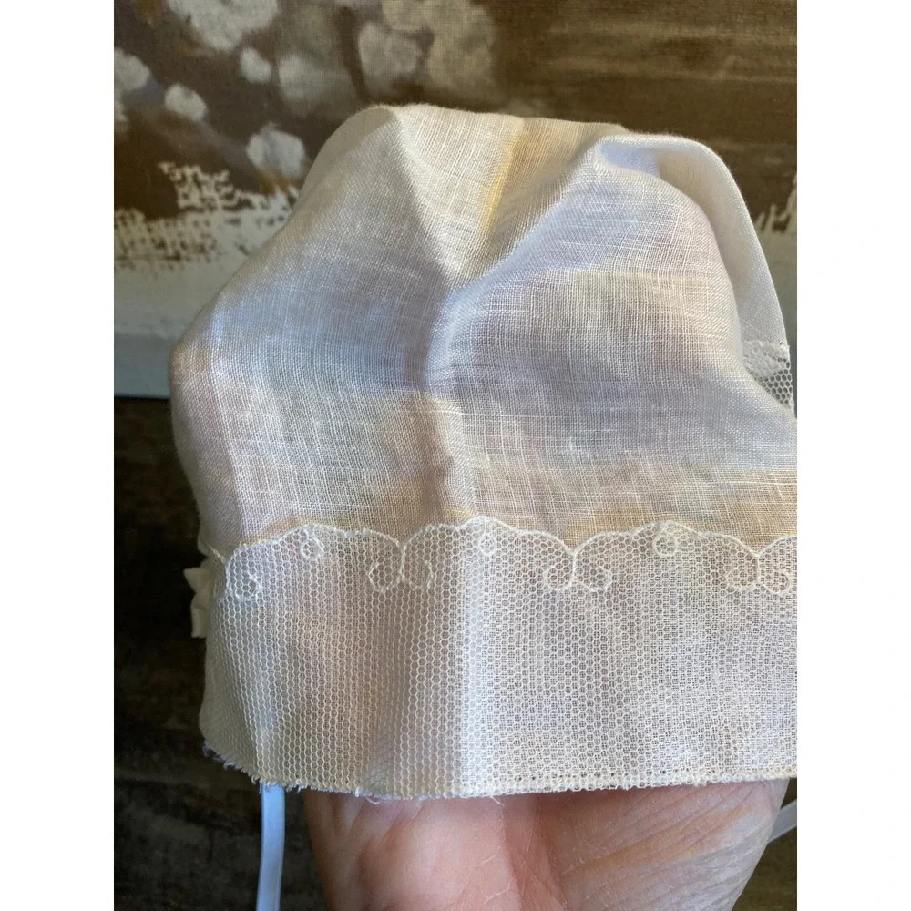 Vintage White Linen Lace Infant Bonnet Christening Baptism Ribbon Tie Rosette